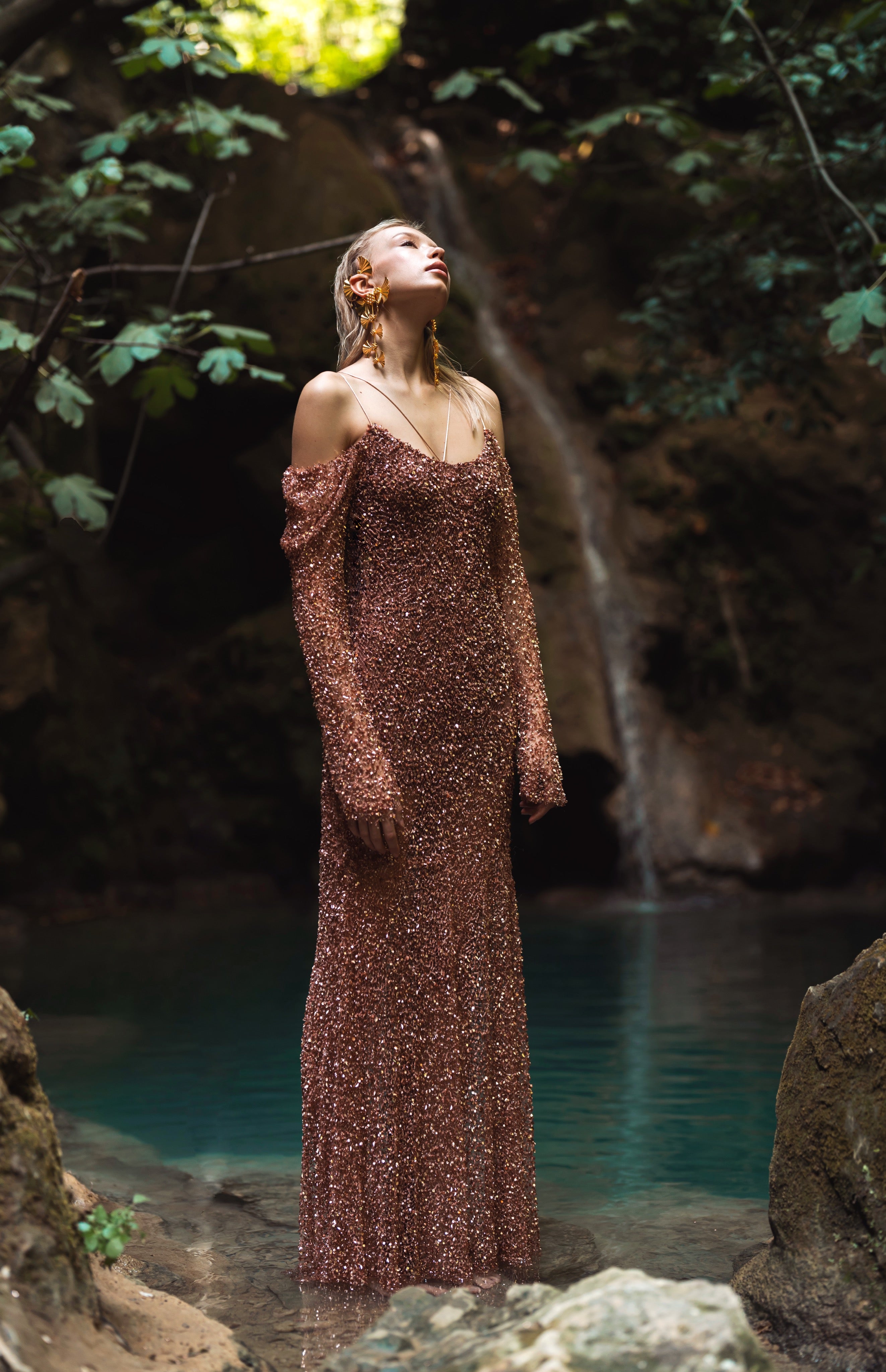 AUREL Off-Shoulder Draped Sequin Maxi Gown
