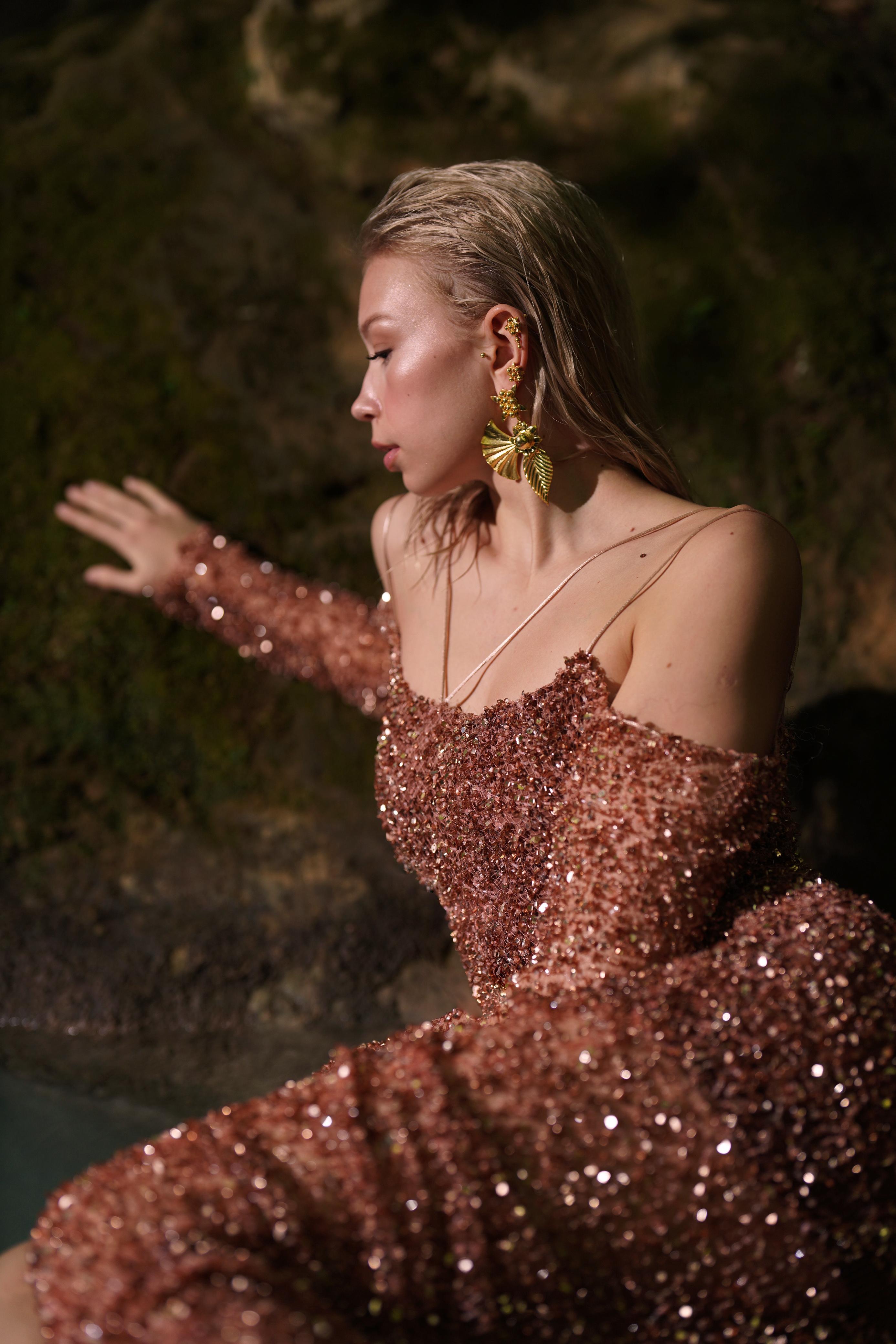 AUREL Off-Shoulder Draped Sequin Maxi Gown
